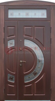 Коричневая двухстворчатая железная дверь с МДФ и витражом ВЖ-29 в Ликино-Дулево