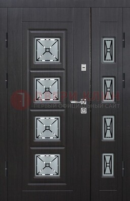 Чёрная двухстворчатая железная дверь с МДФ и витражом ВЖ-35 в Ликино-Дулево