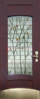 Бордовая стальная дверь с витражом и декоративным элементом ВЖ-3 в Химках